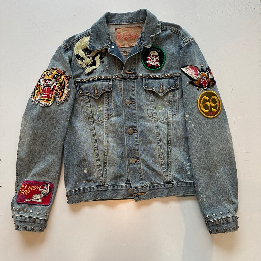 Ed Hardy Levi’s Patch Denim Jacket Vintage Biker Designer, Studded,